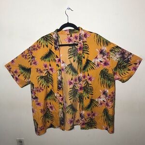 2XL yellow tropical Hawaiian floral kimono duster cover up over shirt